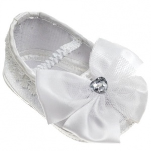 Baby Girls White Sparkly Heart Bow Satin Pram Shoes